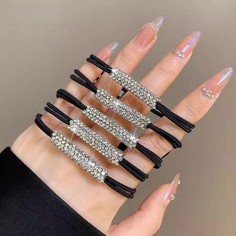 

5 шт. Женские бриллианты Черные блестящие стразы Веревка для волос Бесшовные резинки Высокая эластичность Веревки для волос Модные аксессуары для волос