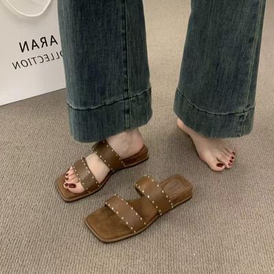 2025 New Summer Women Square Toe Clip Toe Flip Flop Fashion Rivet Dress Slide Shoes Ladies Concise Outdoor Low Heel Slippers