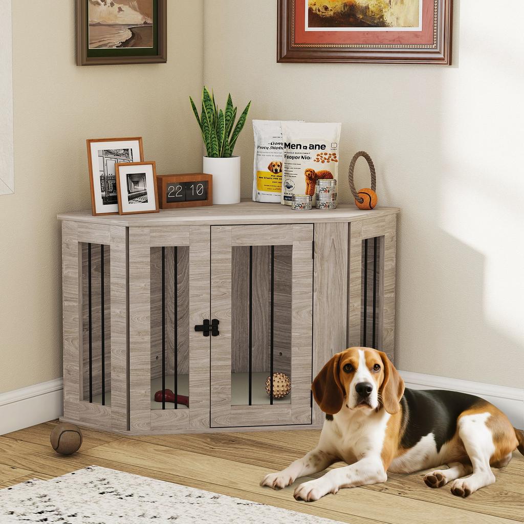 Dog Crate Furniture Side Table, with Cushion, 104 x 55 x 63cm - Walnut Brown