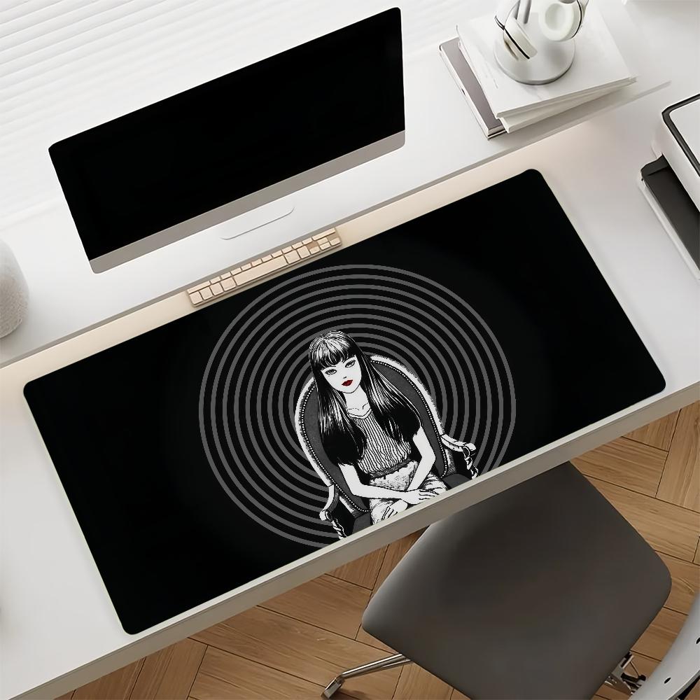 Antislip Gaming Desk Mat with Stitched EdgesVintage Horror Manga Style Spiral Girl Face Design Large Mouse Pad for Home Office