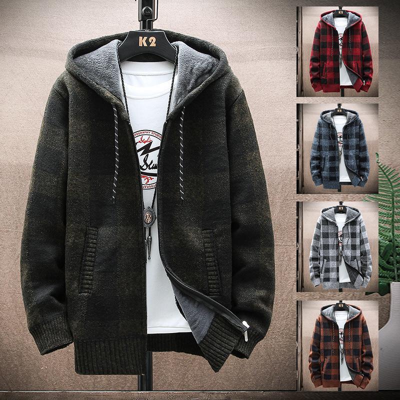 Plaid Hooded Cardigan Men Clothing V Neck Sweater Men Cardigen Retro Clothes Hip Hop Knitwear Autumn Winter