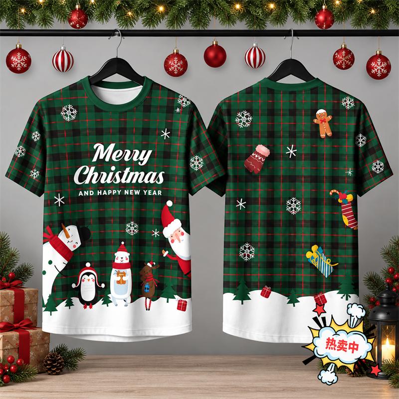 Red Plaid Christmas Gingerbread Man Double Sided 3D Print Short Sleeve T-Shirt Holiday Top