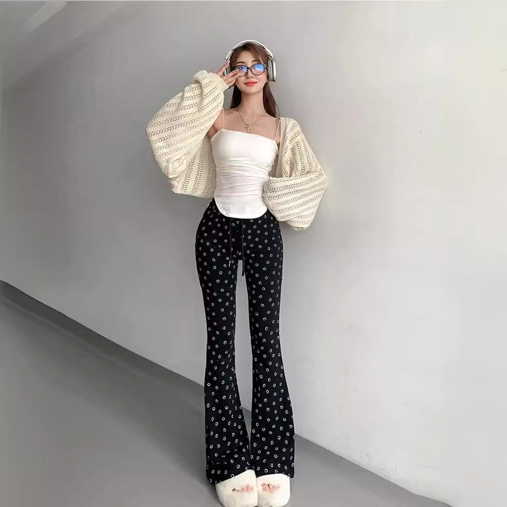 Smiling High Waist Printed Elastic Flare Pants for Women In Spring New Slim Fit and Casual Flare Pants