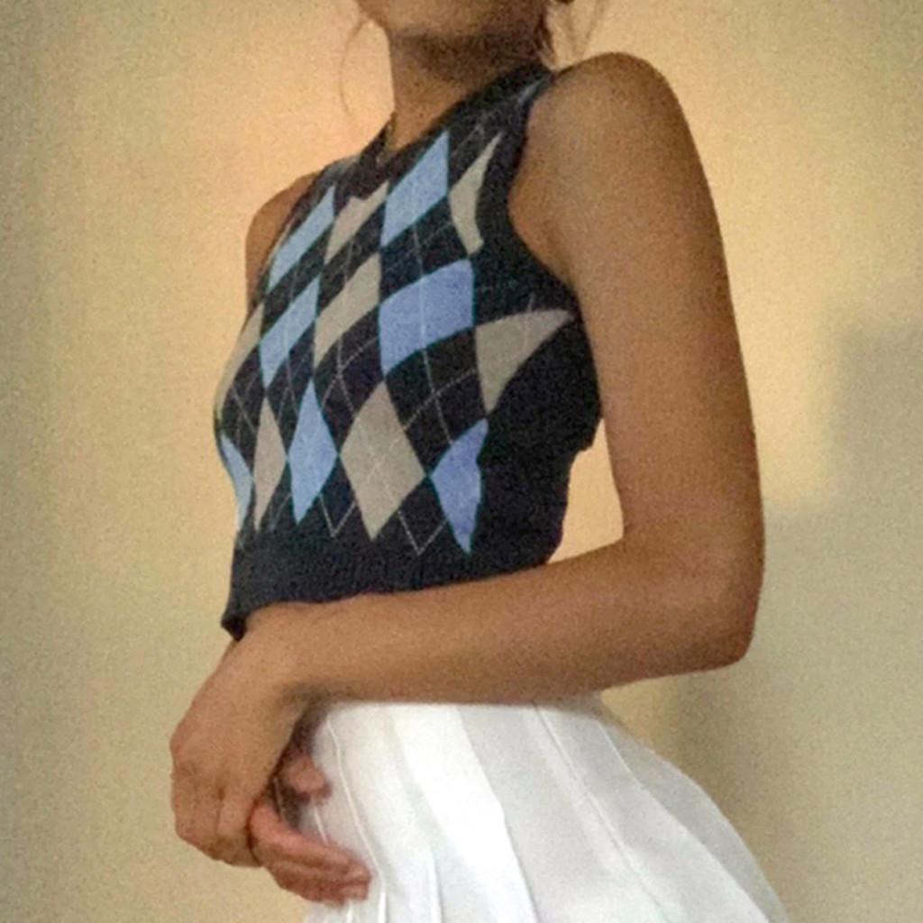 Womens Casual Plaid Knitted Tank Top  Knitwear Preppy Style V-Neck Vest Sweater