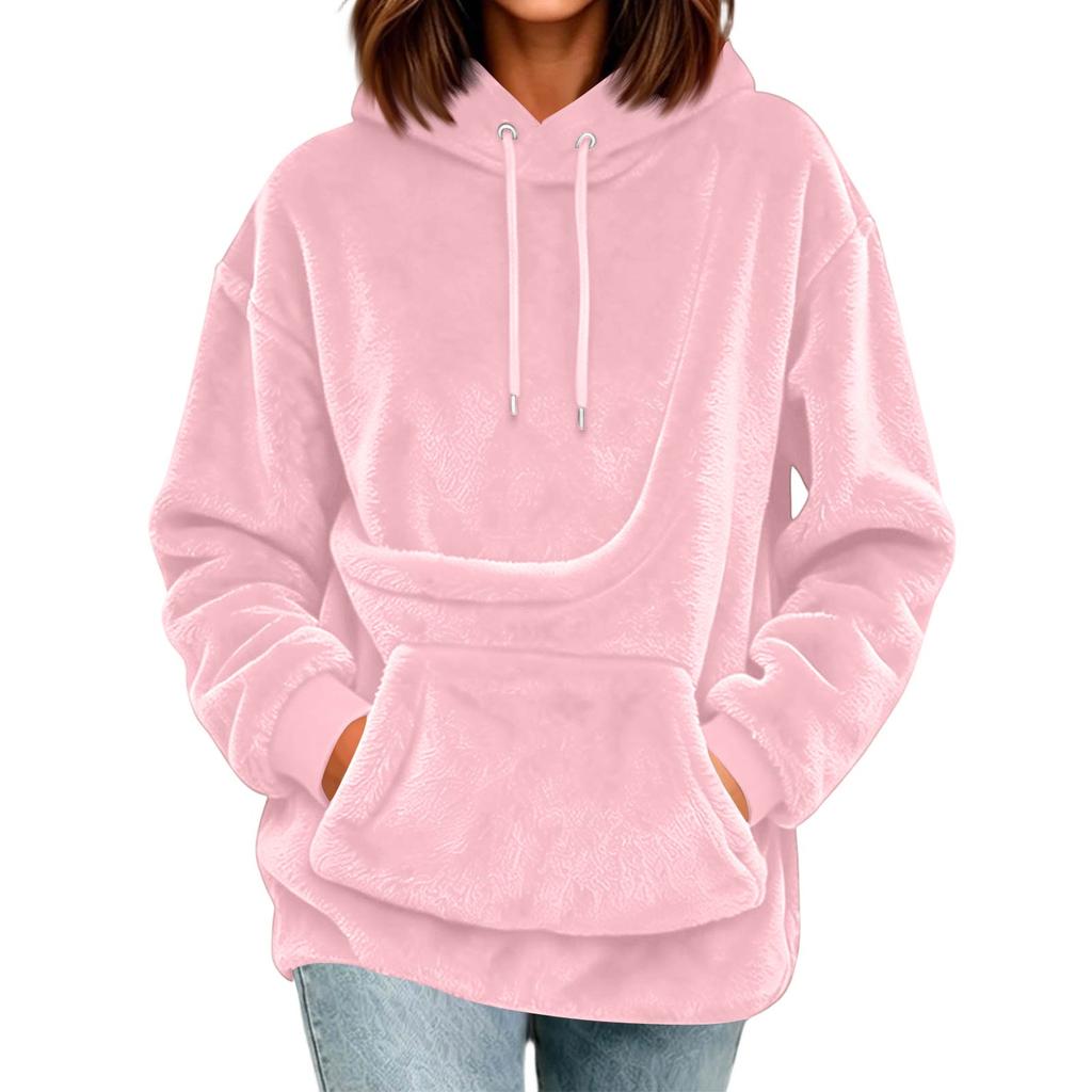 Women's Casual Color Hoodie - Loose Fit Plush Pullover Sweatshirt for Everyday Wear