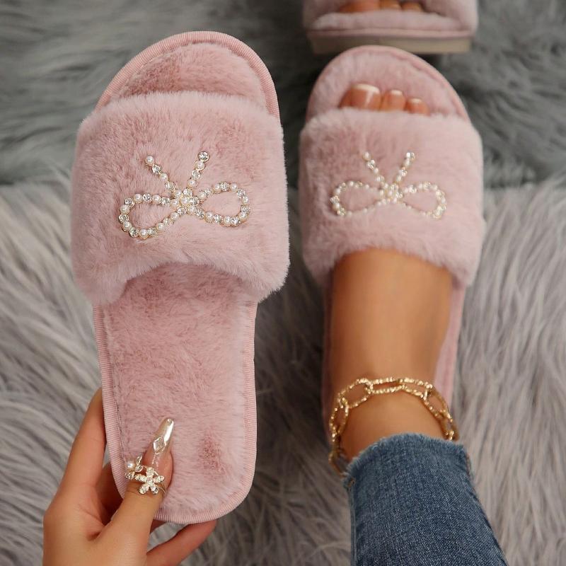 Lovely Fashion Slippers Female Slides Daily Flat Low Heels Shoes Woman Bright Diamond Butterfly-knot Winter Shoes Plus Size