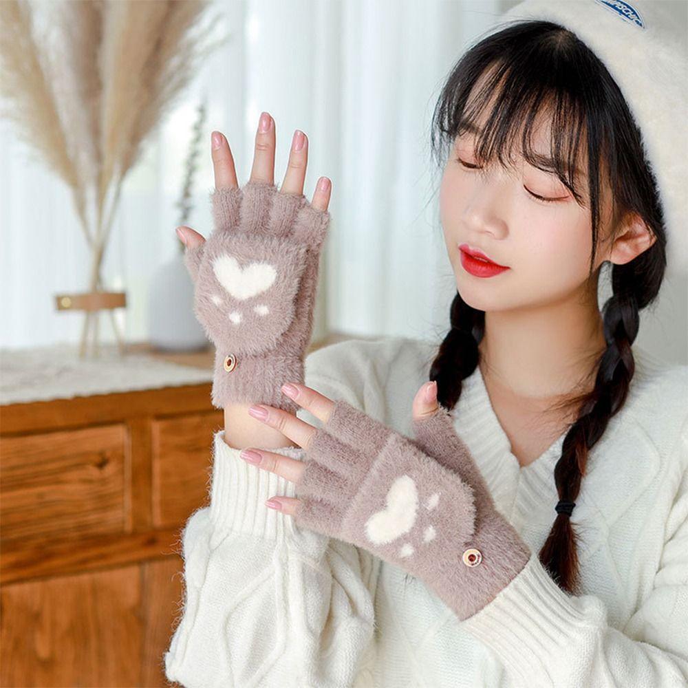 Paw Claw Half Finger Gloves Flip Cover Short Fingerless Gloves Winter Mittens  for Women Girls