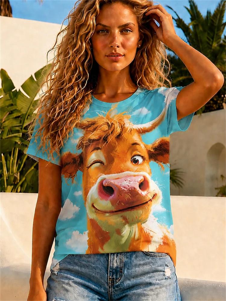 Women's Spring Summer Crew-Neck Short-Sleeve T-Shirt Soft-Toned Tie-Dye with Sun and Peace Symbols Casual Vacation Top