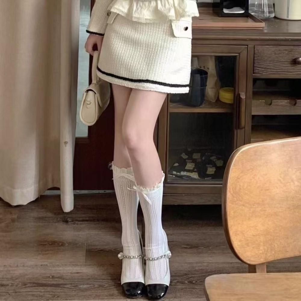 1 Pair Hollow Lace JK Socks Solid Color Calf Socks Thin Over The Knee Socks  Girls Wear