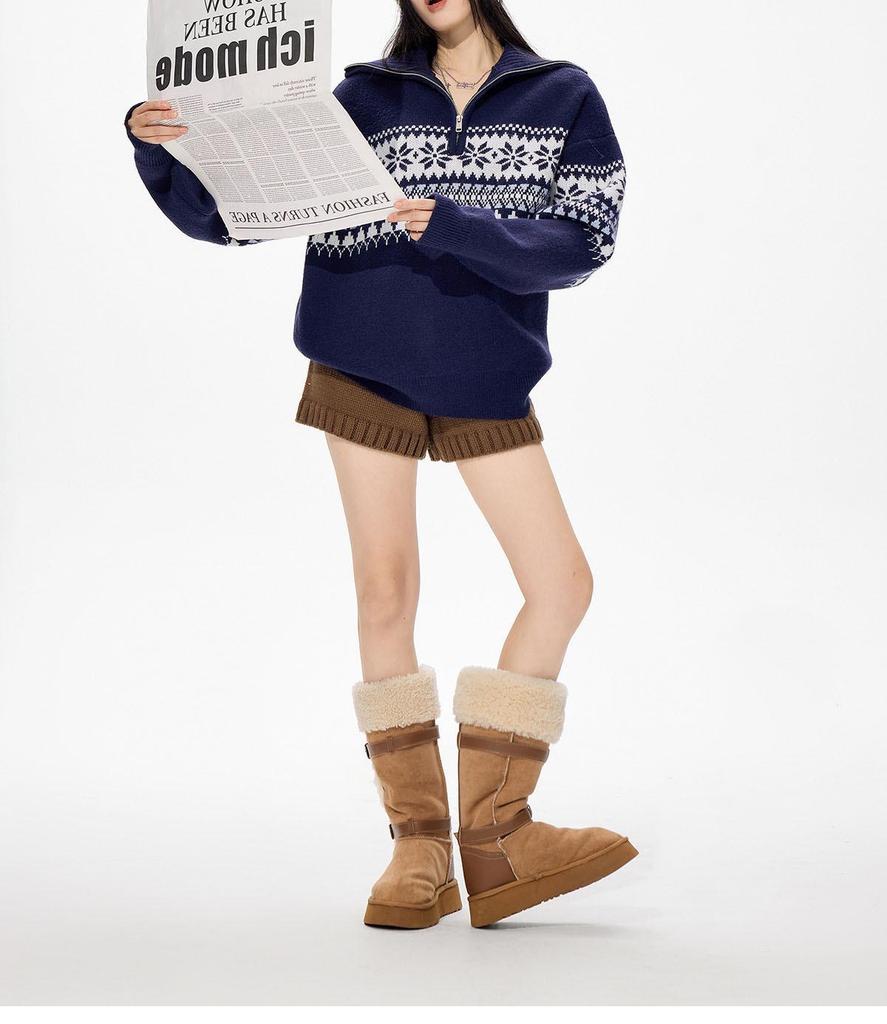 Unisex Röd Retro Fair Isle Halvdragkedja Hög Halsstickad Tröja