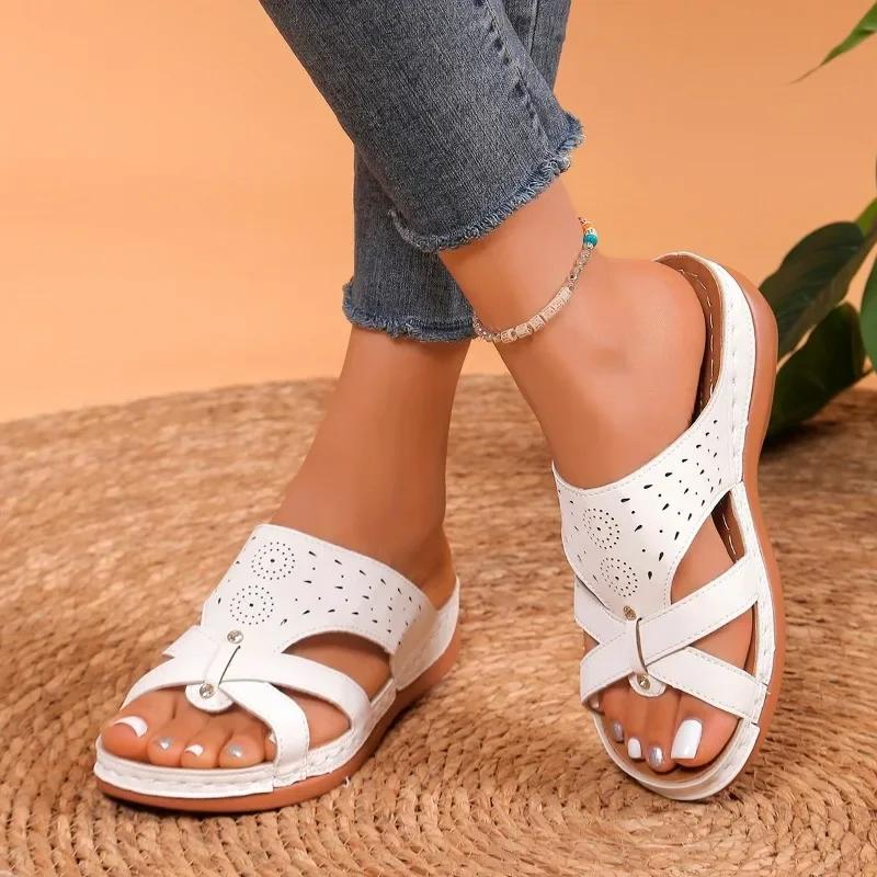 Fashion 2024 Hot Sale Shoes Female Open Toe Women Slippers Summer Rome Hollow Solid Outdoor Casual Beach Wedge Heel Large Size Slippers