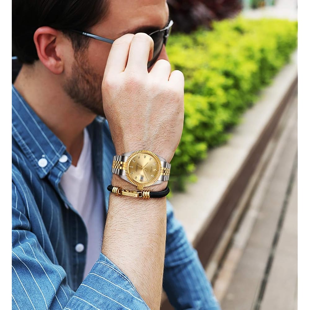 BUREI Men's Automatic Waterproof Analog Watch Gold Simple Stylish Business Timepiece