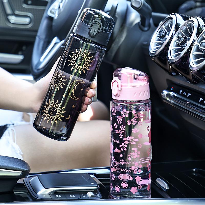 600ml Cute Daisy Clear Plastic Water Bottle Portable Sports Tumbler Outdoor Water Drinking Bottle With Carrying Strap