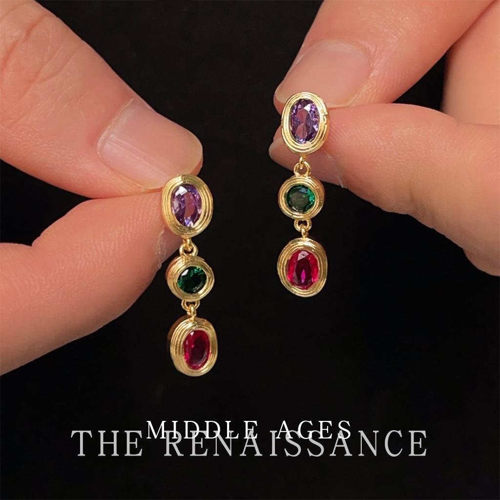 Light medieval heavy industry colored treasure zircon earrings fringed geometric earrings retro colored stud earrings