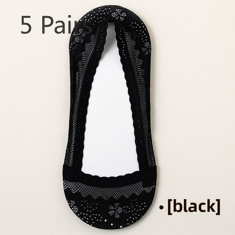 5 Pairs of Women's Summer Thin Ice Silk Cotton Sole Shallow Mouth Invisible Lace Mesh Non Slip Socks