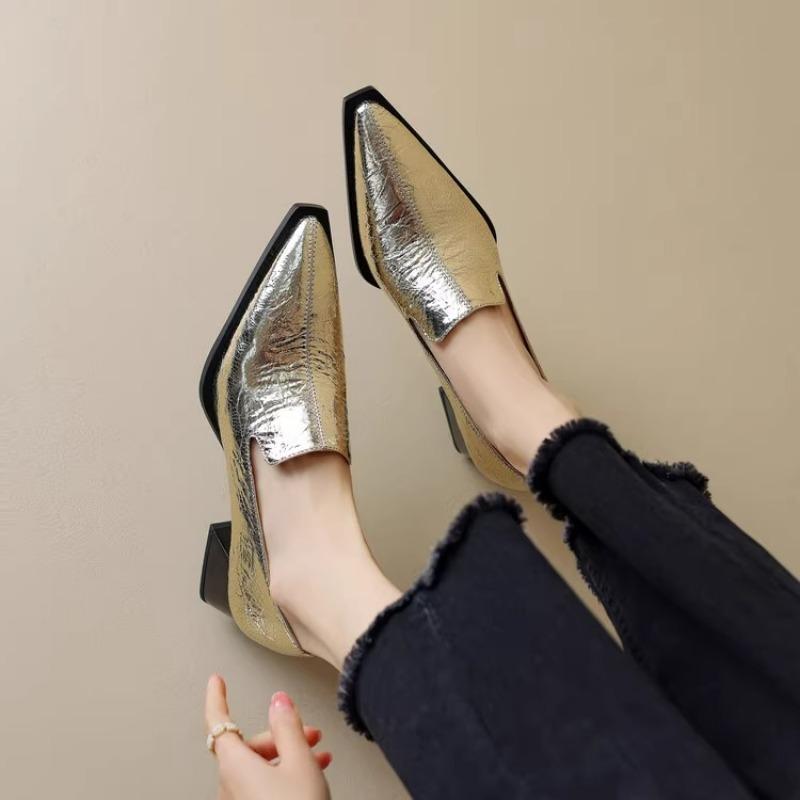 2025 New Fashion Spring Luxury Pumps Women Sexy Pointed High Heels Chunky Heels Designer Loafers Platform Golden Women's Shoes