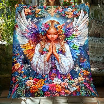Angel Prayer Rainbow Wings Flower Fleece Blanket Spiritual Art Soft Throw Blanket Religious Decor Gift for Faithful and Artists
