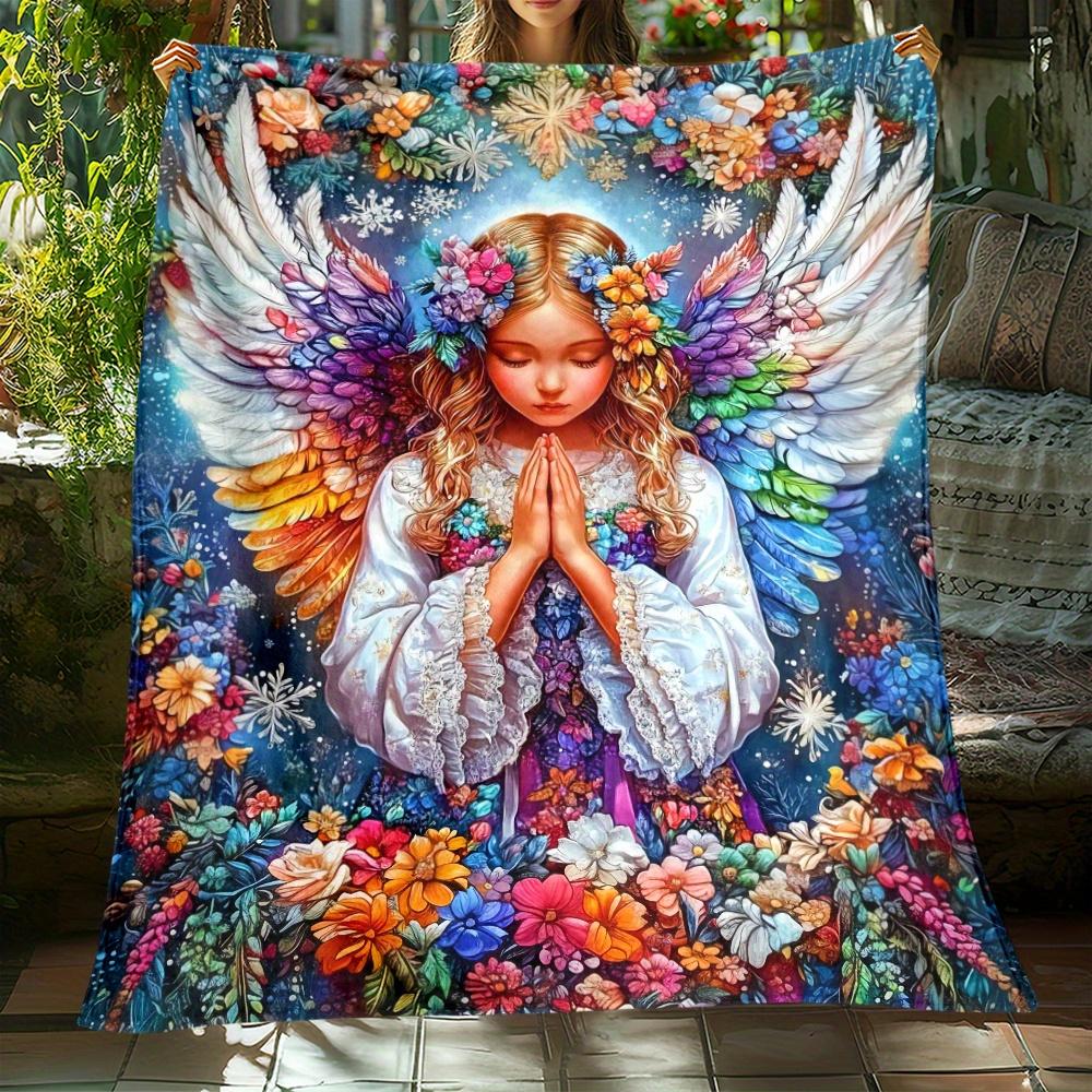 

Angel Prayer Rainbow Wings Flower Fleece Blanket Spiritual Art Soft Throw Blanket Religious Decor Gift for Faithful and Artists 75x100cm