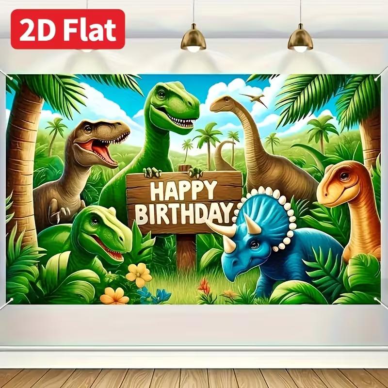 Bright Color Dinosaur Birthday Backdrop, Tropical Palm Tree Jungle Party Background for Birthday Photoshoot Wall Decor