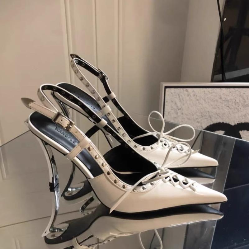 Shoes for Women Trend Pointed High Heel Shoes Strappy Bowknot Rivet Patent Leather Sandals Designer Womens Pumps Sandalias Mujer