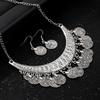 2 Stück/Set Halskette Ohrringe Set Verstellbare Kette Retro Graviertes Muster Münze Quasten Braut Halskette mit Strasssteinen Eingelegt Schmuck Geschenk
