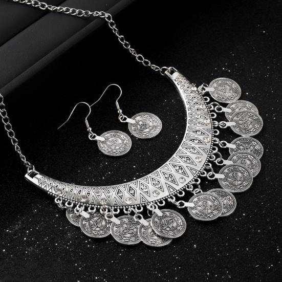 2 Stück/Set Halskette Ohrringe Set Verstellbare Kette Retro Graviertes Muster Münze Quasten Braut Halskette mit Strasssteinen Eingelegt Schmuck Geschenk