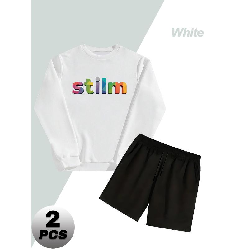 

2 Piece Men s Polyester Crew Neck Sweatshirt Set with Relaxed Fit Shorts Comfortable Casual XXL білий