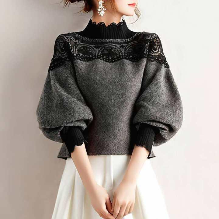 2026 Autumn/Winter Stand Collar Color Block Lace Knitwear