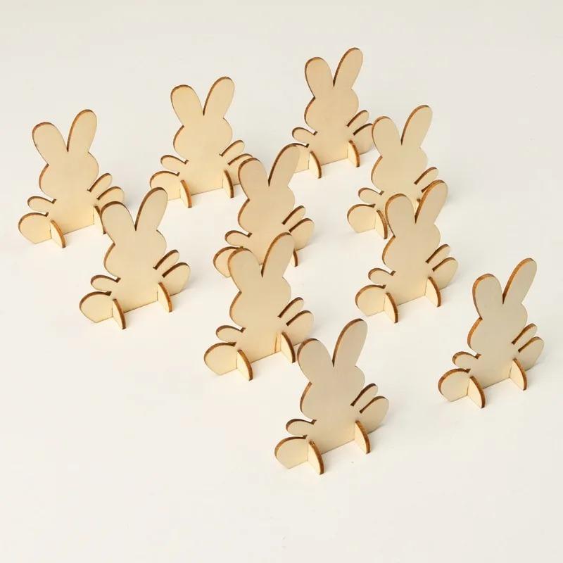 10pcs Unfinished Wooden Easter Bunny 3D Rabbit Wooden Stand Ornament Cutouts Craft for DIY Painting Table Decoration Easter