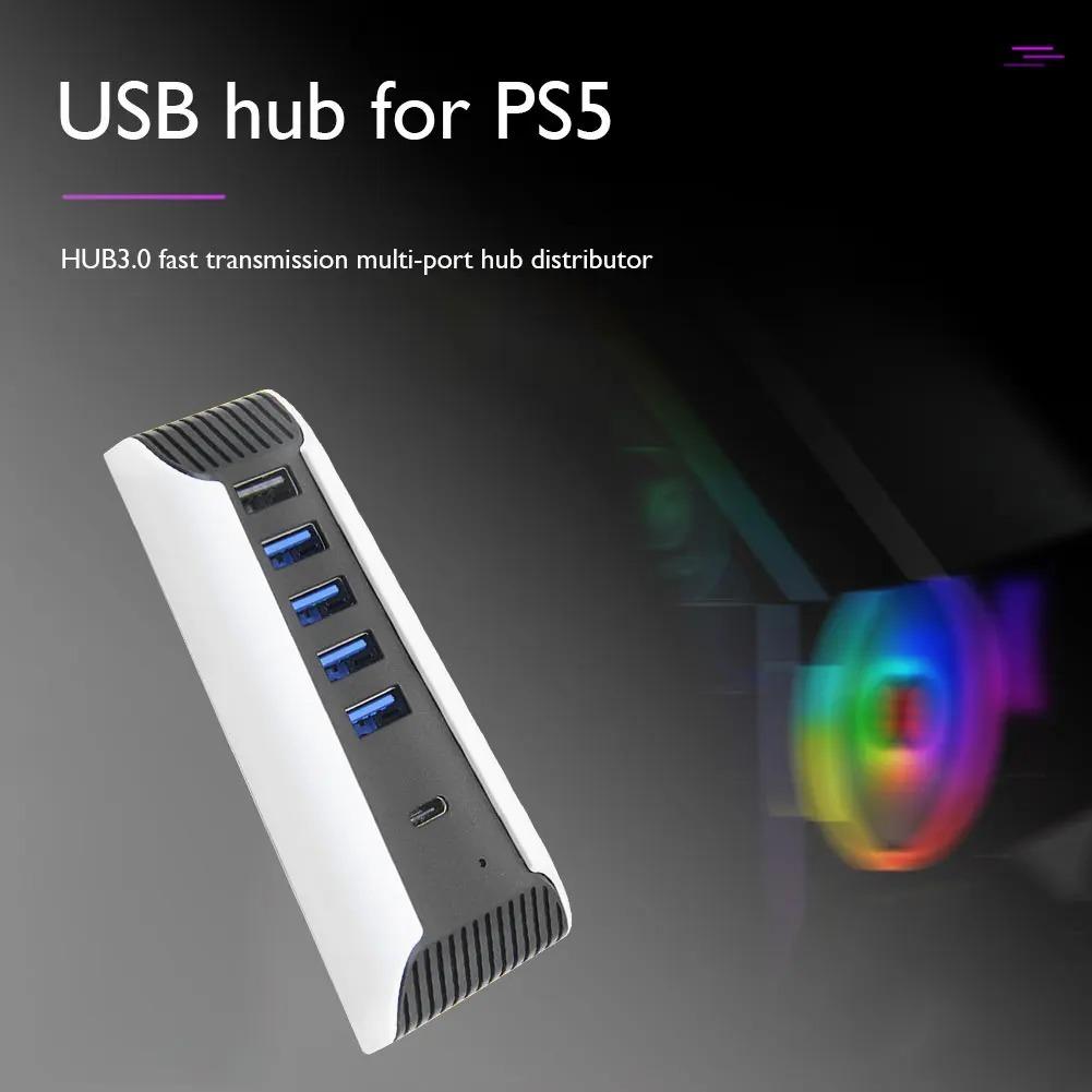 USB C Hub, 5 In 1 USB Hub High‑Speed Expansion Adapter with USB3.0 Type‑C Ports for PS5 Console, Support 4 USB Data Output Ports