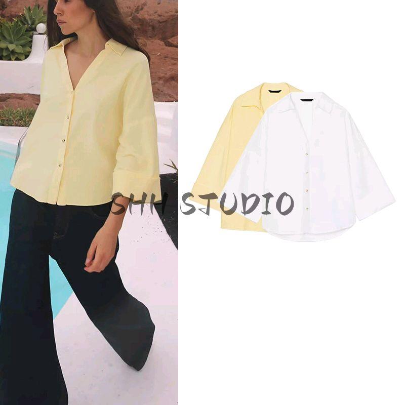 Summer New Product Women's Clothes Minimalist V-Shaped Lapel Linen Blended Plaid Wide Sleeve Lapel Shirt 2340712