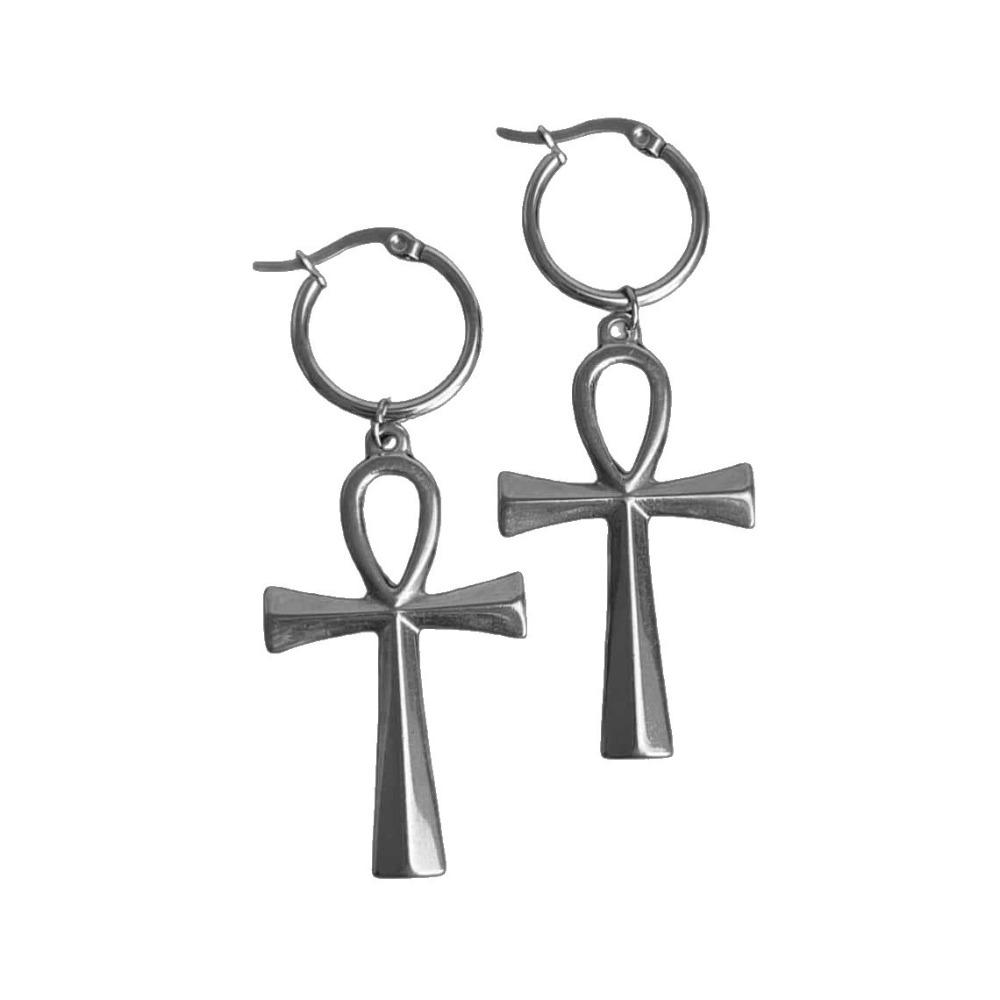 Gothic Sliver Color Ancient Egyptian Cross Pendant Hoop Earrings Necklace for Women Halloween Party Witch Amulet Jewelry Sets
