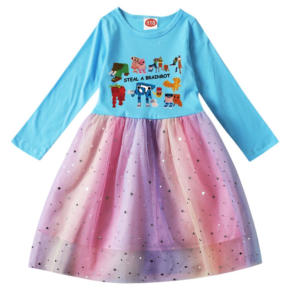 9191 Kids Girls Steal a Brainrot 67 Six Seven Print Long Sleeves Cotton Casual Sequins Rainbow Dress