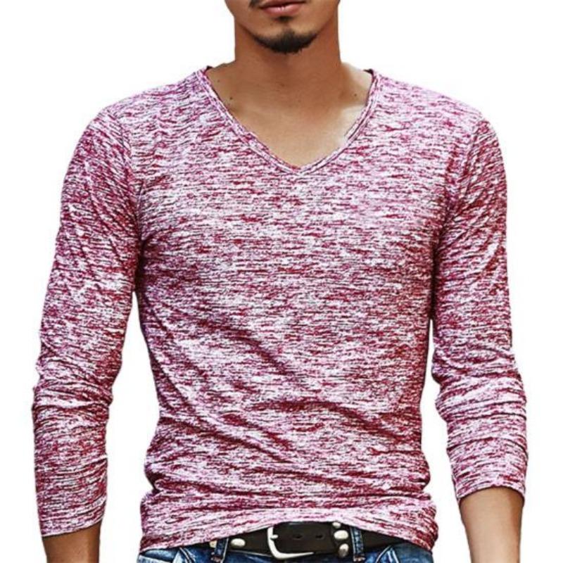 V Neck Elastic Top Camouflage Long Sleeve Men Shirt for Autumn L розовый
