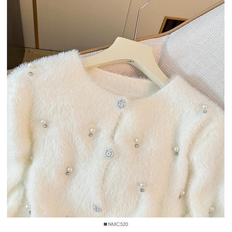 Autumn Winter Women Sweet Beading Soft Furry Mohair Knitted Sweater Christmas Short Cardigan Tops