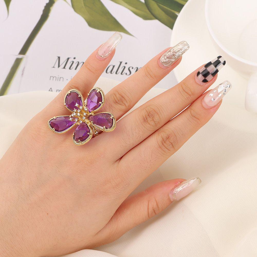 Women Girl Shine Exaggerated Fairy Ring Rhinestone Flower Open Adjustable Big Flower Crystal Ring