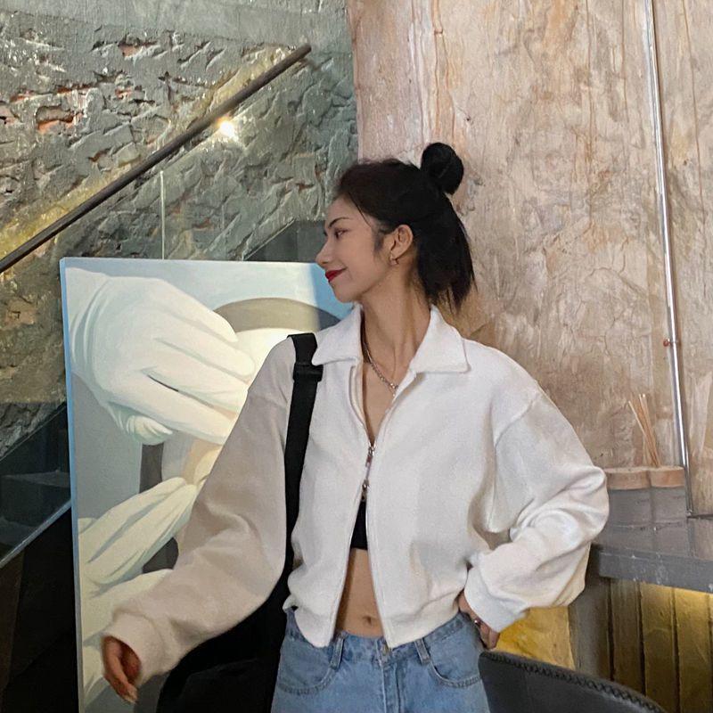 Women's Waffle Polo Collar Short Sweatshirt: Loose Fit, Double Zipper, Long Sleeve Jacket for Spring & Autumn.