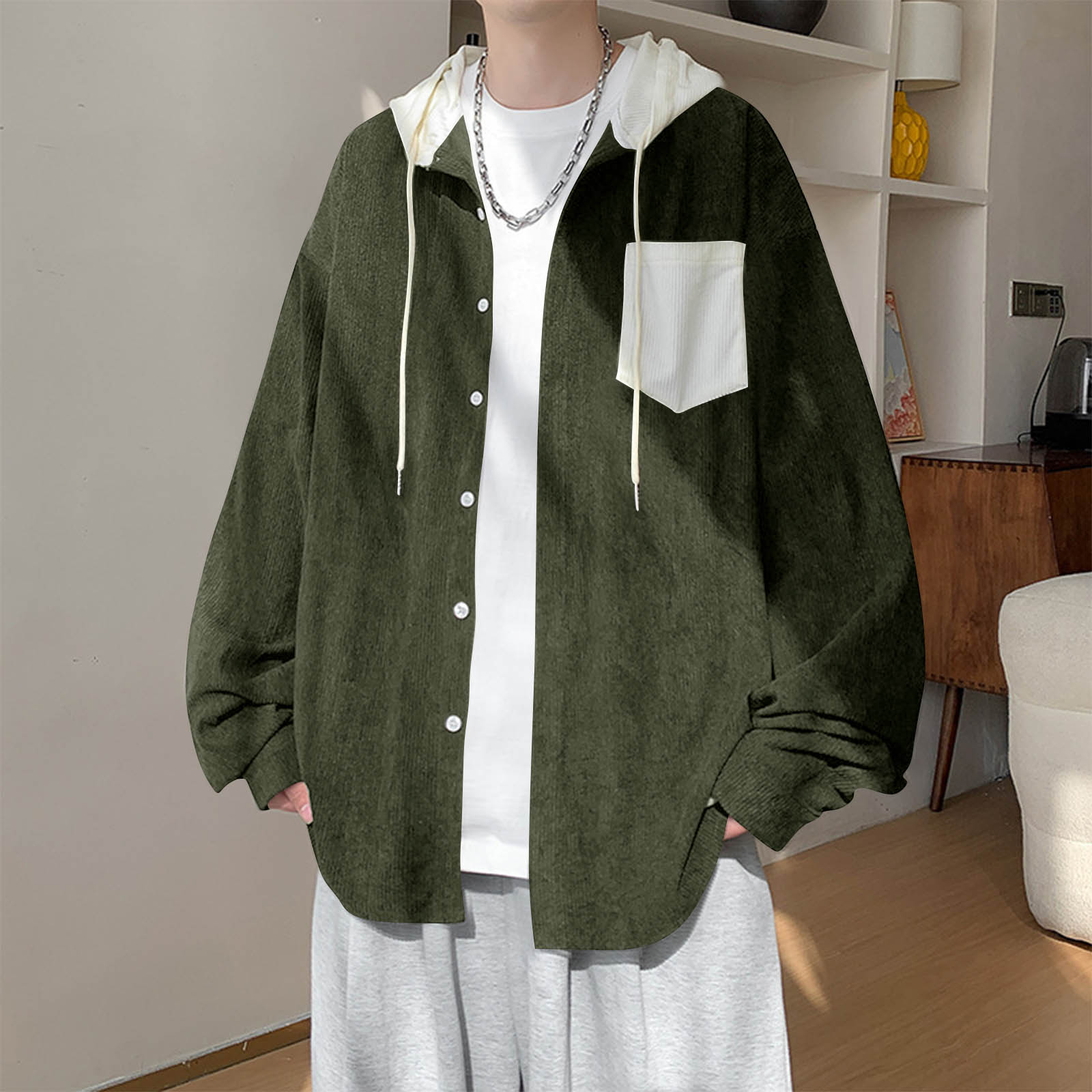 

Мужская цветная свободная толстовка с капюшоном и длинными рукавами, молодежная модная повседневная трендовая рубашка L армия зеленый