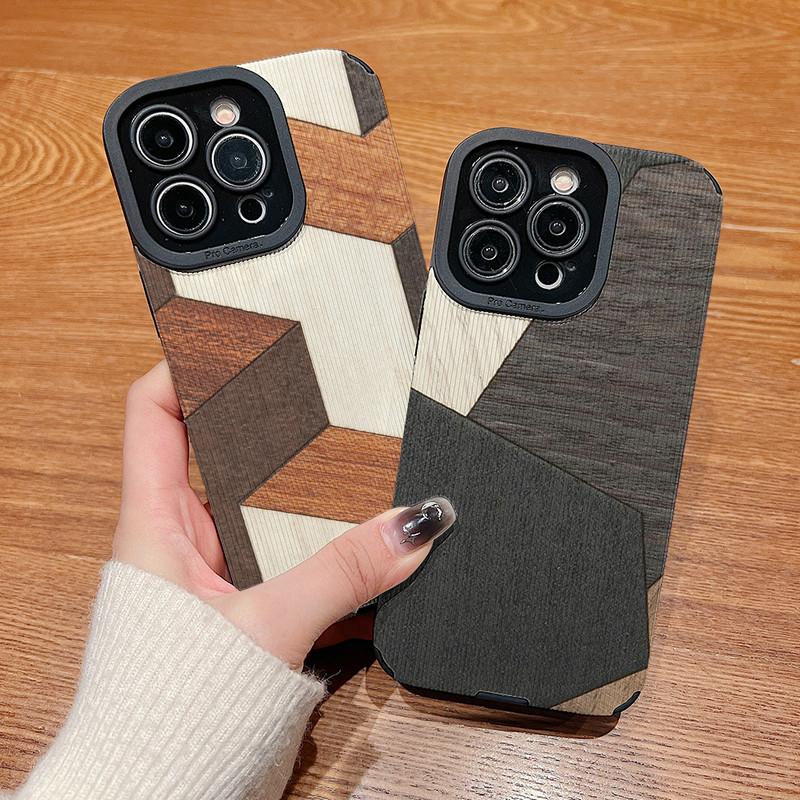 Vertikal genarbtes Lederhülle mit Holzmusterdruck, stoßfeste weiche Silikonhülle mit vollem Schutz für das Kameraobjektiv für iPhone