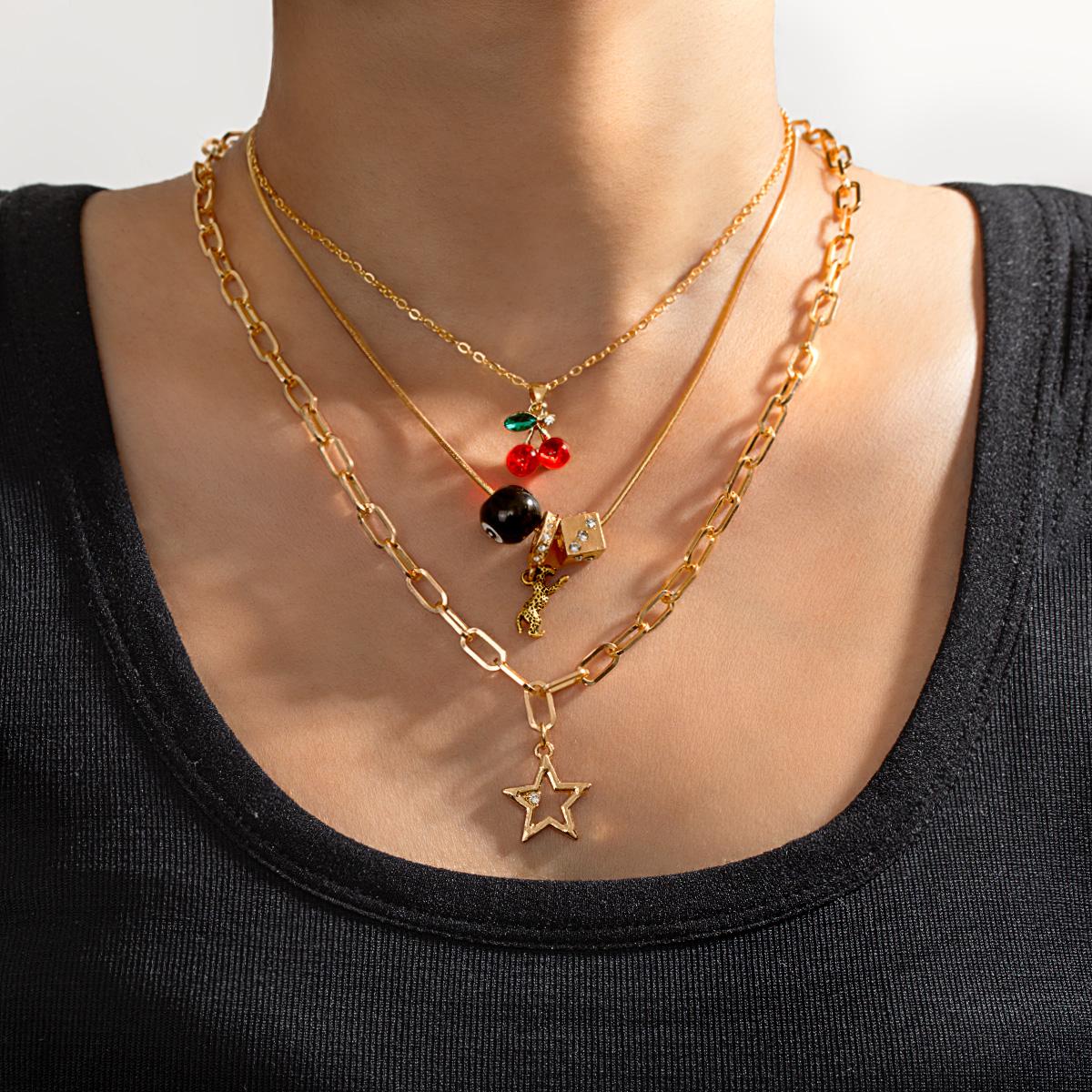 

3 fashionable and sweet resin cherry star pendant necklaces, size 8 ball bead leopard multiple women s necklaces