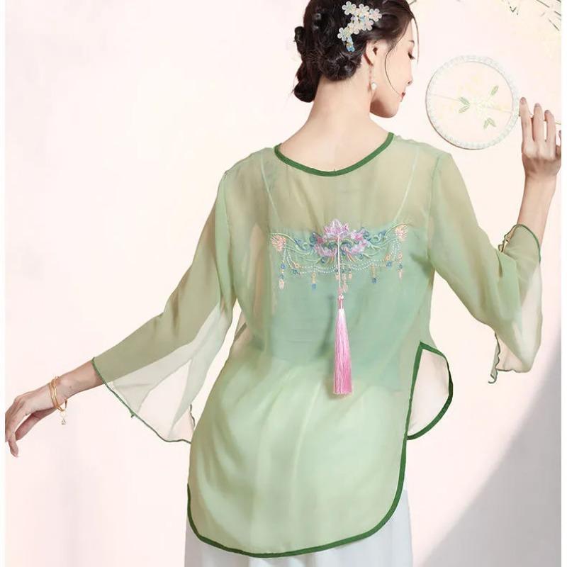 Женская зеленая прозрачная сетчатая блузка с вышивкой на спине и бахромой, рукава-клеш, топ в китайском стиле S зелёный