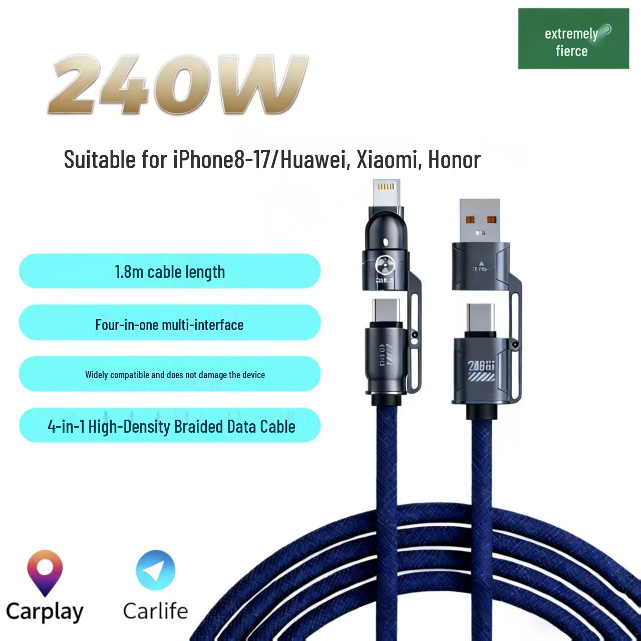 

1.8m 240W Fast Charge 4-in-1 Cable for Apple, Huawei, Android, Type-C Devices