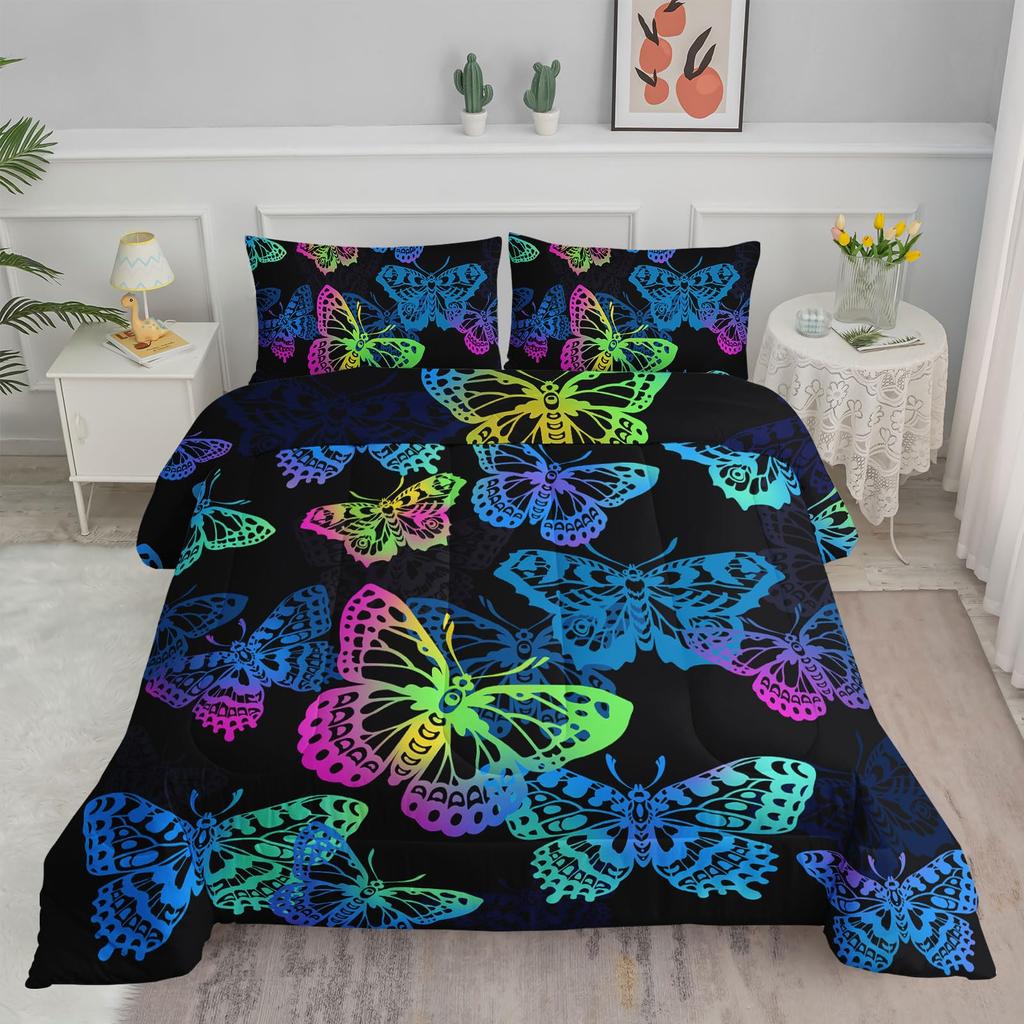 Set Biancheria da Letto Farfalle Scure per Bambine Ragazze Set Copripiumino Farfalle Set Coperta Trapuntata Copri Trapunta Camera da Letto 3 Pezzi Full King Size