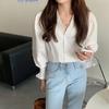 V-neck Shirt Women's Puff Sleeve Blouses Spring Autumn Temperament Korean Style Clothes Tops