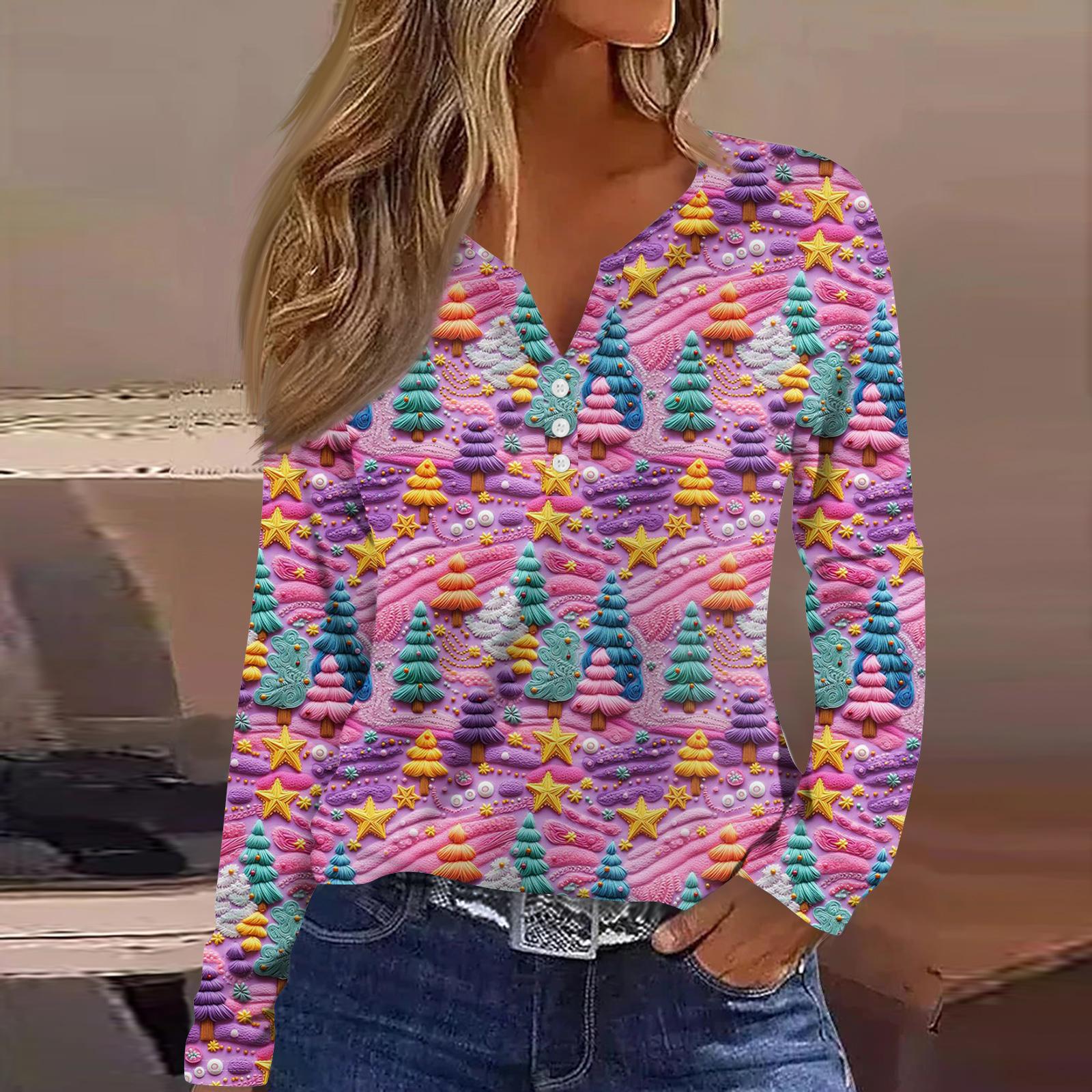 

Women s Fashion Casual V-Neck Button-Up Long-Sleeve T-Shirt With Christmas Print Top L горячий розовый