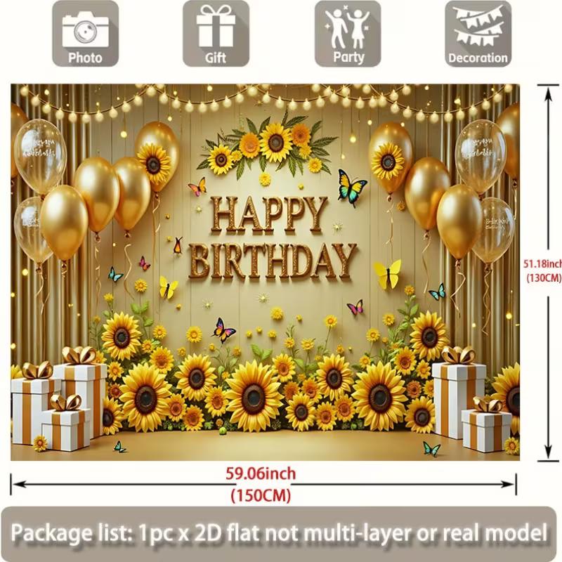 2D Sunflower and Gold Balloon Themed Birthday Backdrop Photo Background Banner
