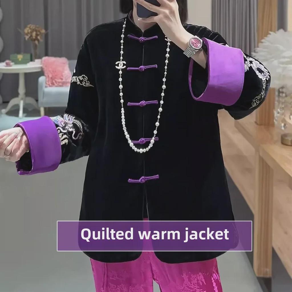 Women's Retro Dragon & Phoenix Embroidered Velvet Jacket - Warm, Quilted, Cotton-Padded for Autumn/Winter