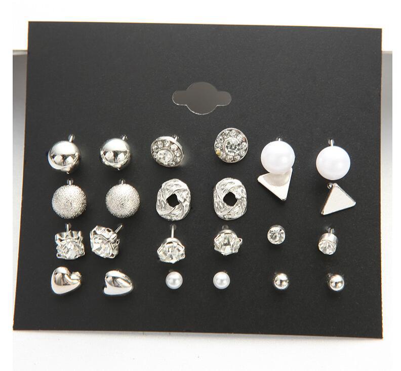 Chic Zircon Crystal Stud Earrings - Set of 12 Pairs серебряный