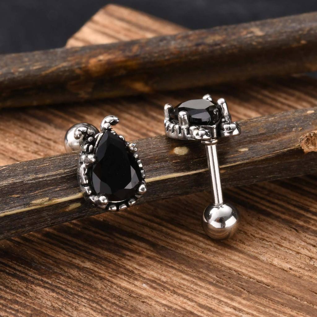 Vintage Black Zircon Stud Earrings for Men Boys,Stainless Steel Droplet Shaped Stone Ear Studs,Gothic Rock Punk Jewelry Gifts