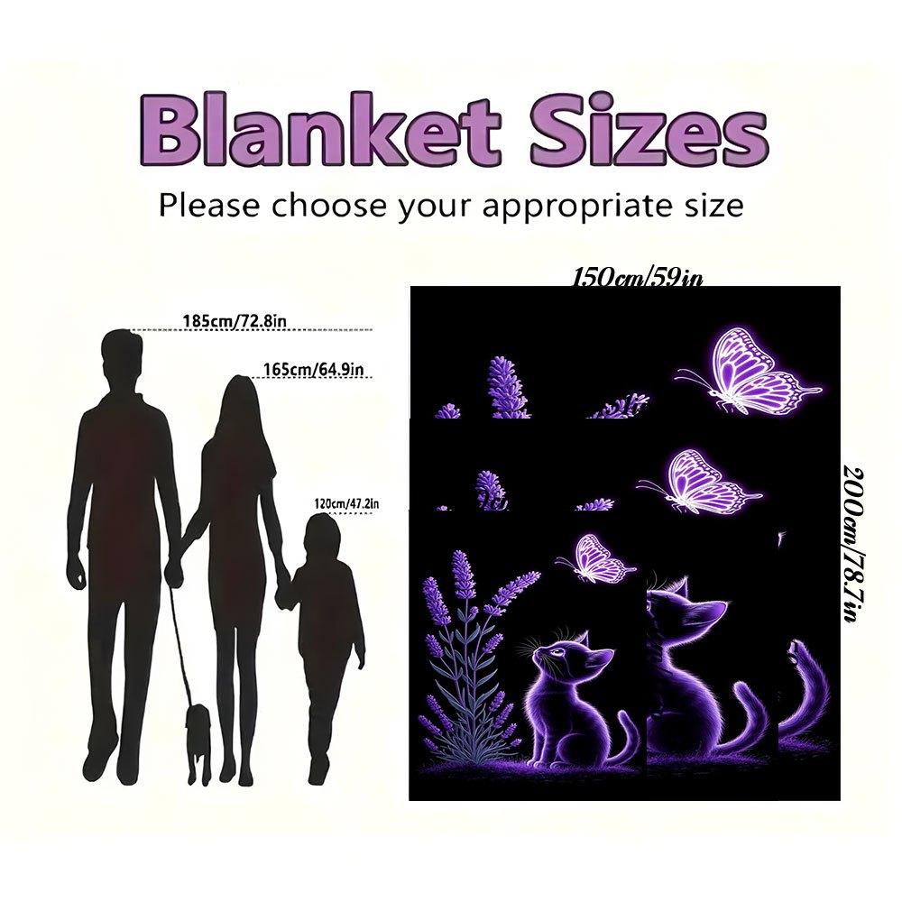 Purple Butterfly Lavender Cat Wall Art Print PosterBlanket Flannel Throw Blanket for Sofa, Bed, Travel, Camping, Office